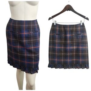 Cabi Plaid Skirt Women's 6 Blue Brown plaid Wool Blend Pleated Hem Career Preppy
